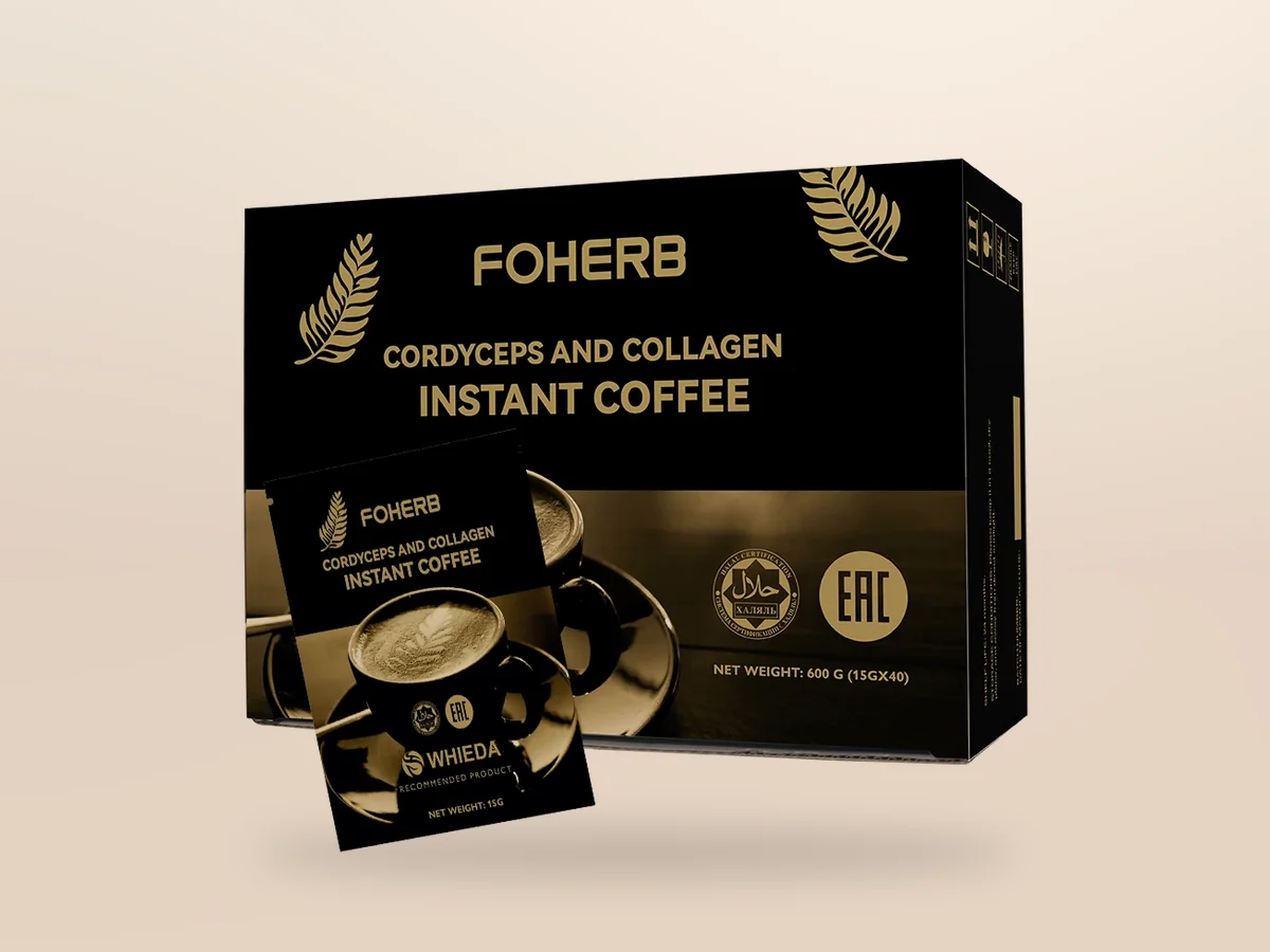 Kaffeegetränk mit Cordyceps und Kollagen — auf beigem Hintergrund, Foto 1